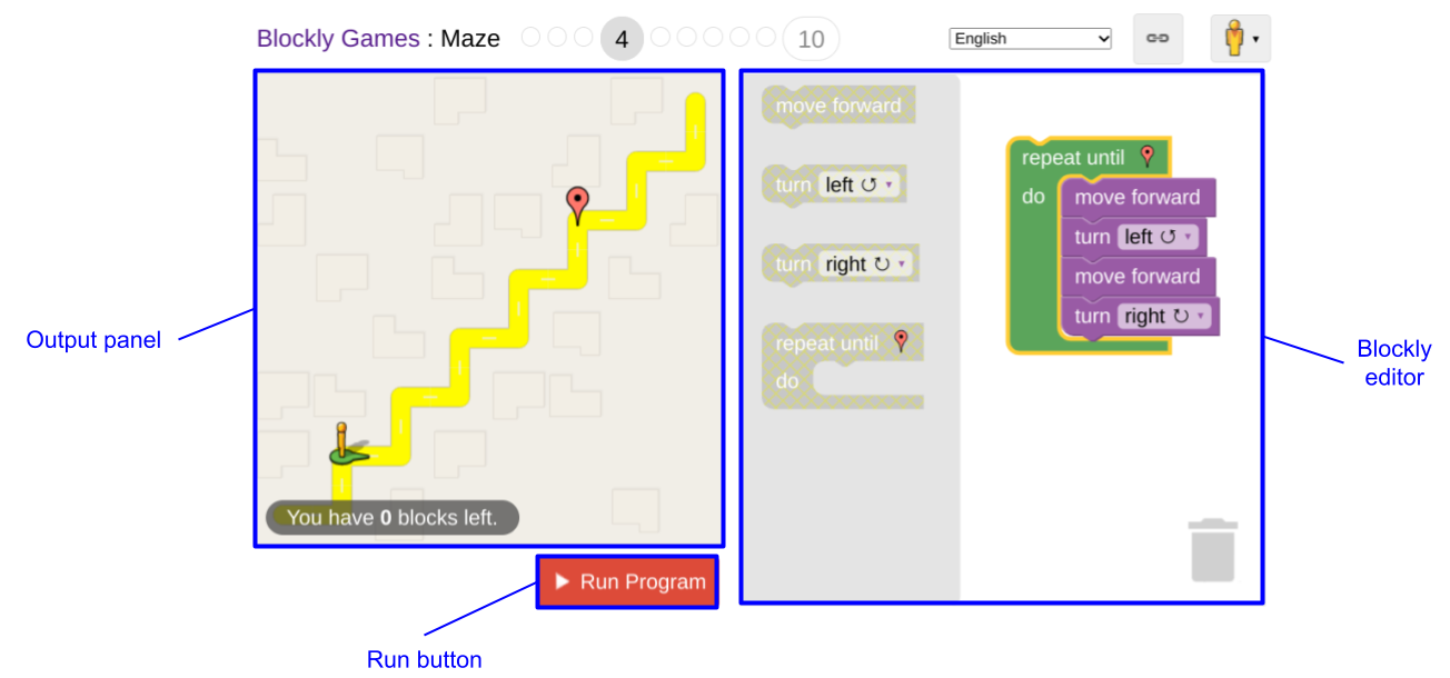 迷宫应用界面，包含编辑器、输出面板和运行按钮。