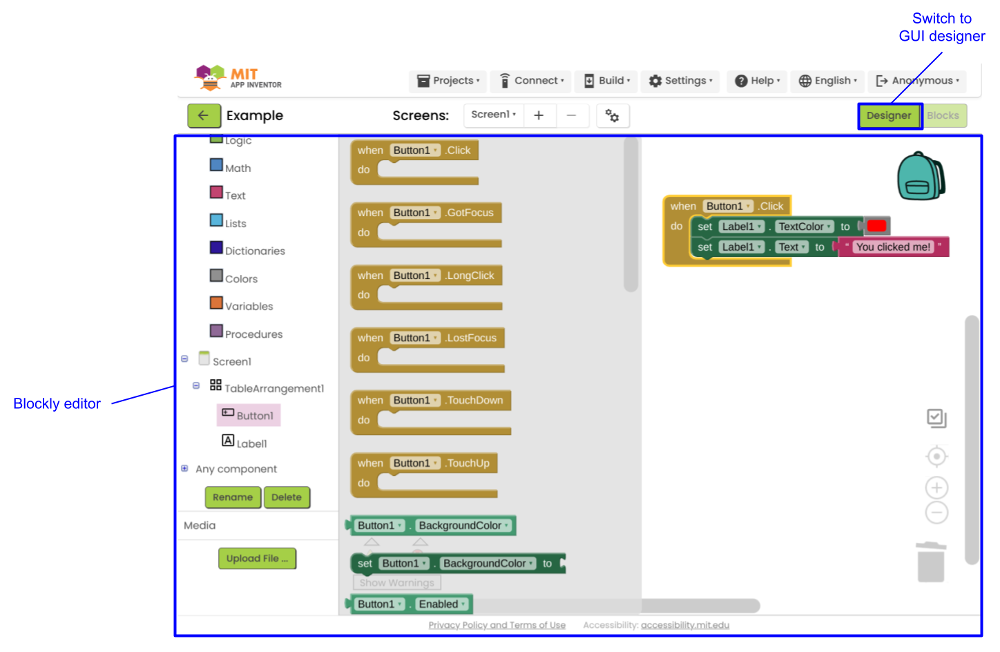 App Inventor 的 Blockly 编辑器界面。