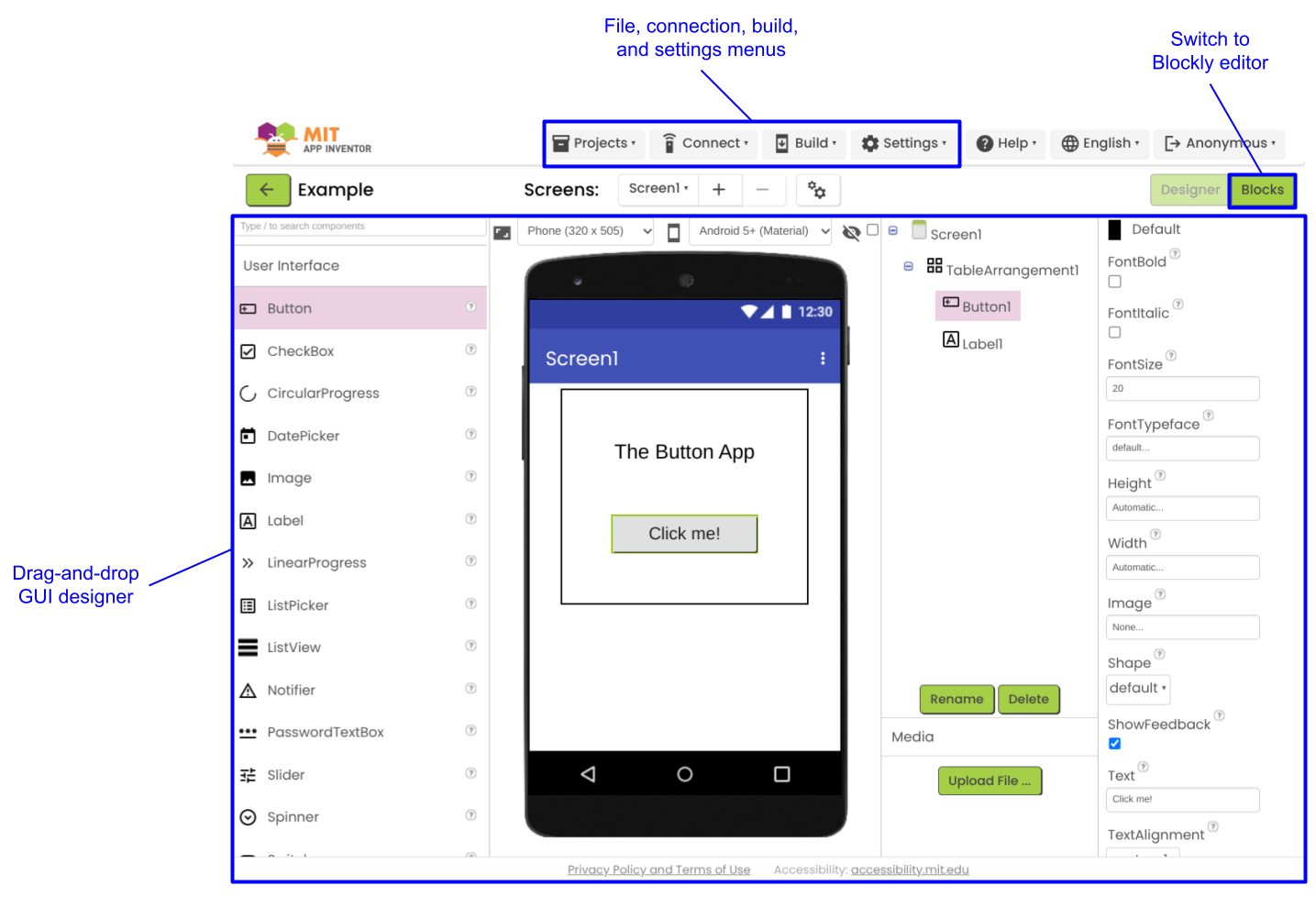 App Inventor 的 GUI 设计器界面。