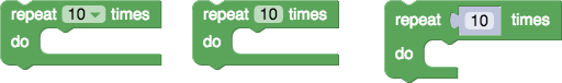Three repeat blocks showing different ways to input a number: drop-down,numeric field, and value input.