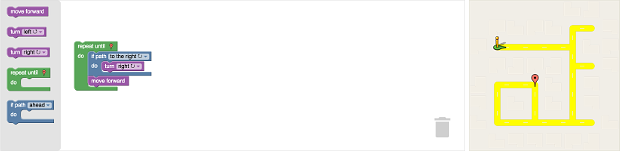 An application with the toolbar on the left, the workspace in the middle, and a maze (the output visualization) on the right.
