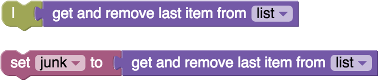 Blocks showing two different ways to ignore the output of a block. The first uses a pipe block to "eat" the value and the second sets the value of a variable named "junk".