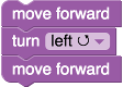 A stack of blocks with commands to move, turn left, and move again.